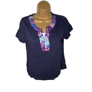 Croft & Barrow Split Neck Tee Embroidered Trim Modesty Panel Navy PM